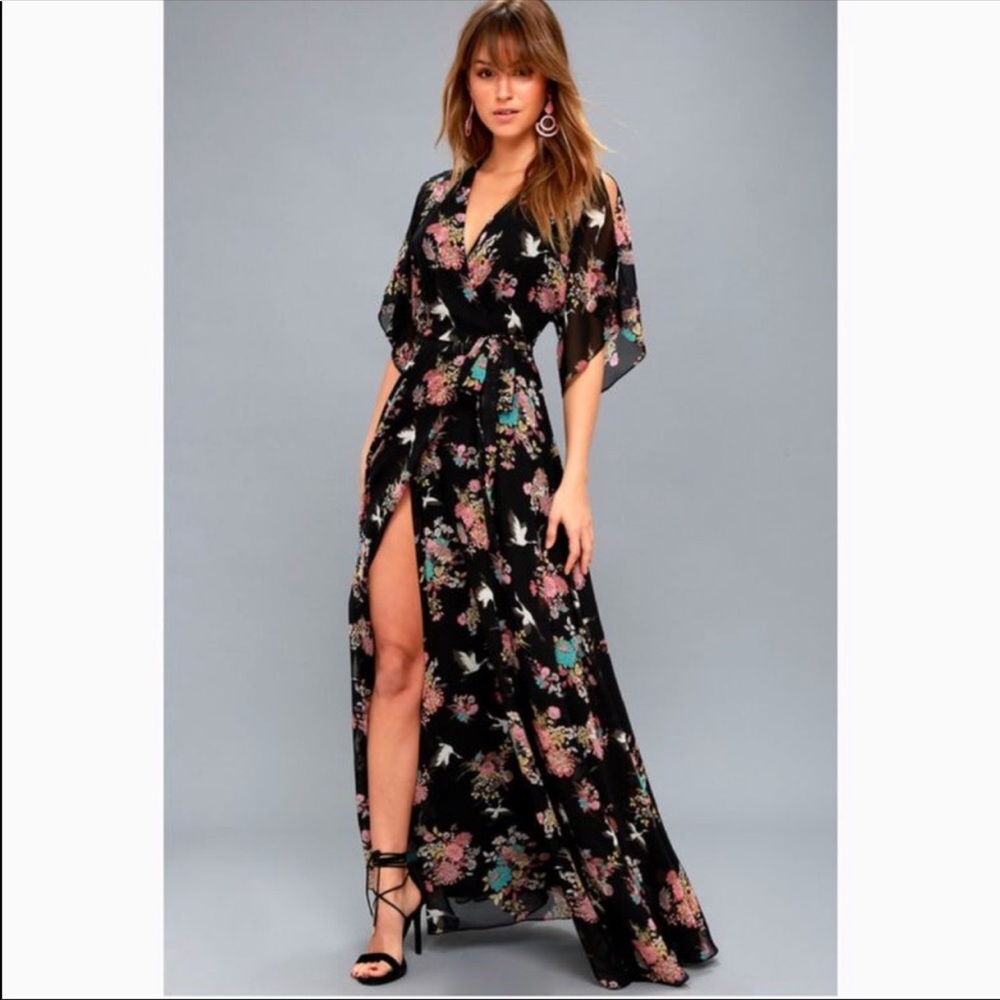 Lulus Sweet Black Floral Print Wrap Maxi Dress